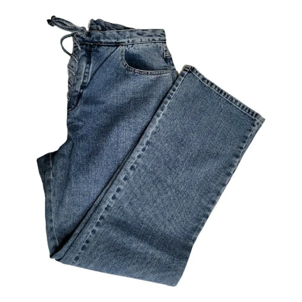 𝅺NEWPORT News Jeanology High Rise Mom Jeans Blue Denim Tie Closure Size 14 - Picture 4 of 9